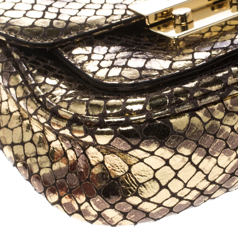 Michael Kors Metallic Gold Python Embossed Leather Small Sloan Shoulder Flap Bag For Women - Image 10