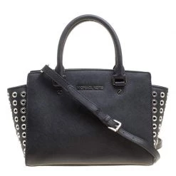 Michael Michael Kors Black Leather Medium Selma Eyelet Top Handle Bag For Women