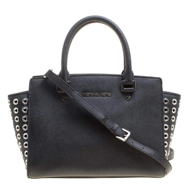 Michael Michael Kors Black Leather Medium Selma Eyelet Top Handle Bag For Women