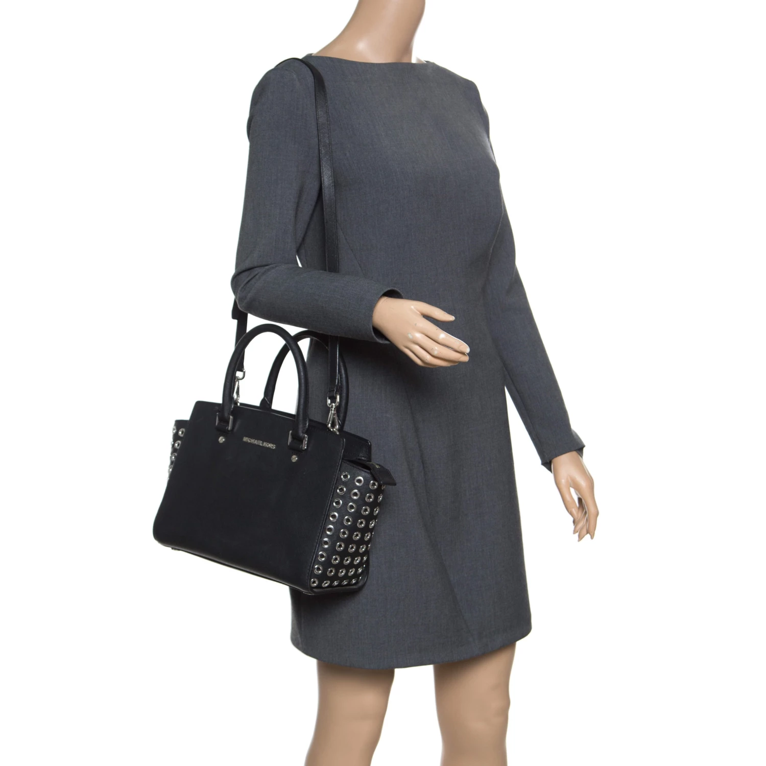 Michael Michael Kors Black Leather Medium Selma Eyelet Top Handle Bag For Women - Image 2