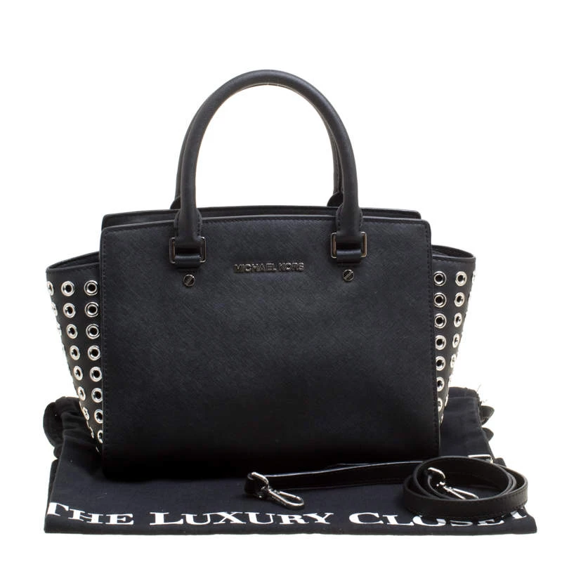 Michael Michael Kors Black Leather Medium Selma Eyelet Top Handle Bag For Women - Image 9