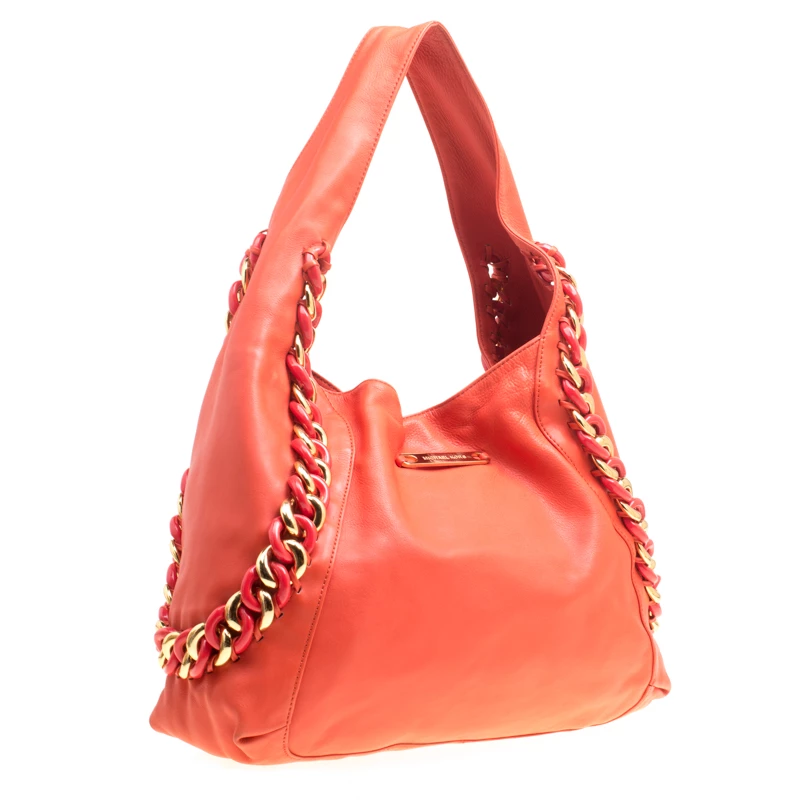 Michael Kors Orange Leather ID Chain Hobo For Women - Image 3