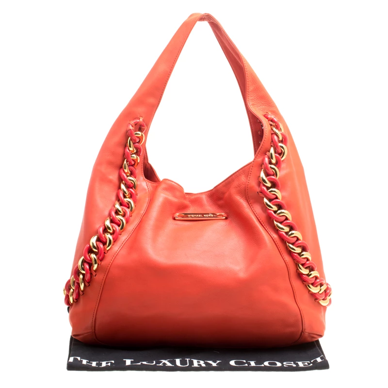 Michael Kors Orange Leather ID Chain Hobo For Women - Image 10