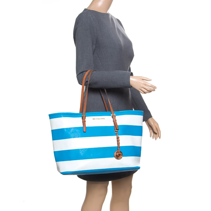 Michael Kors Summer Blue/White Striped Leather Jet Set Travel Tote For Women - Image 2