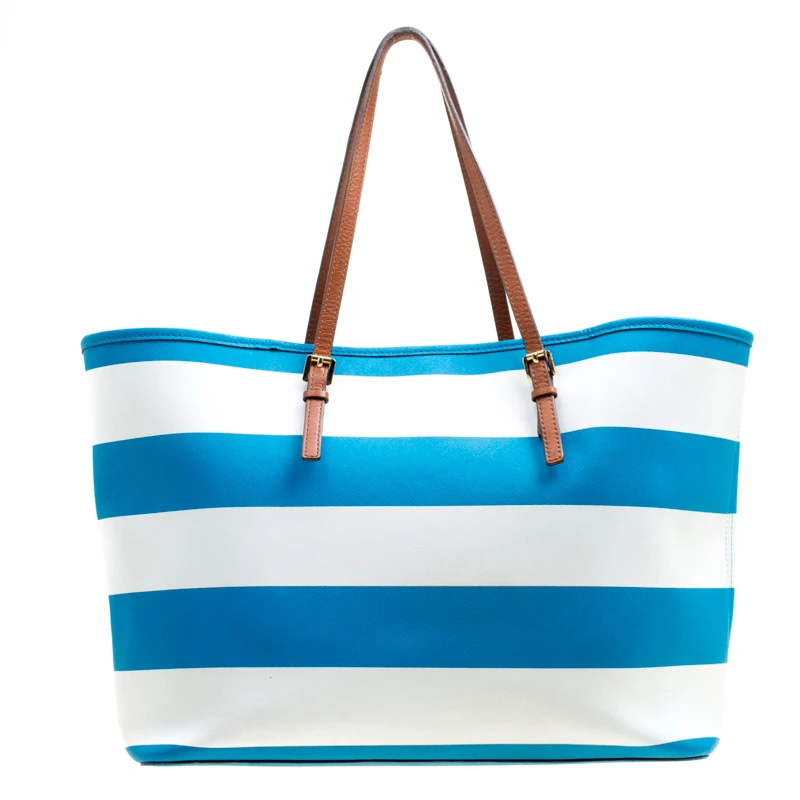 Michael Kors Summer Blue/White Striped Leather Jet Set Travel Tote For Women - Image 4