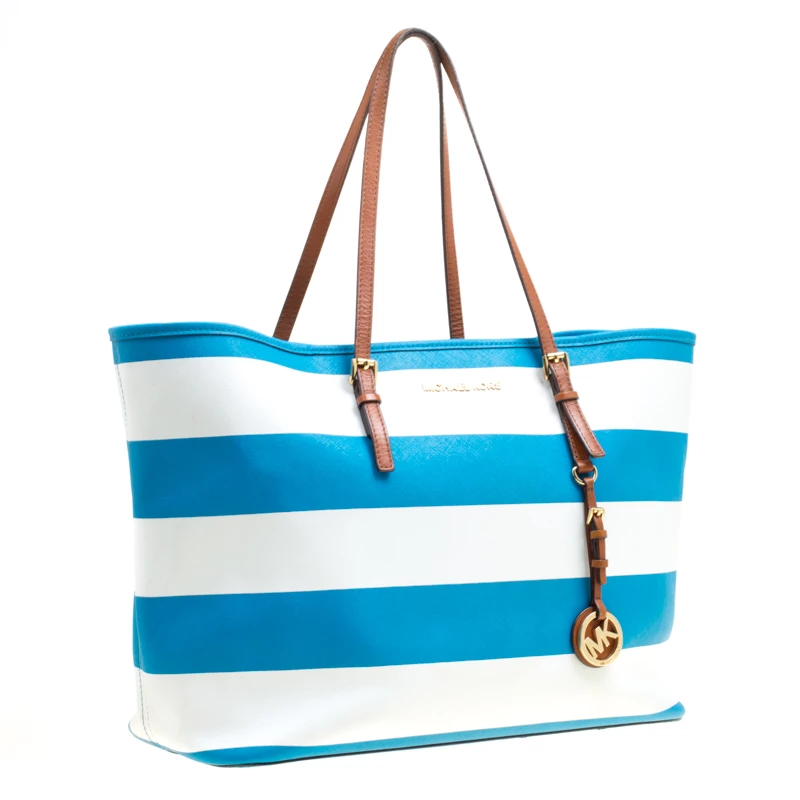 Michael Kors Summer Blue/White Striped Leather Jet Set Travel Tote For Women - Image 3