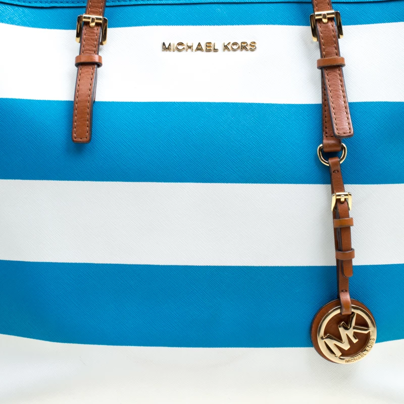 Michael Kors Summer Blue/White Striped Leather Jet Set Travel Tote For Women - Image 5