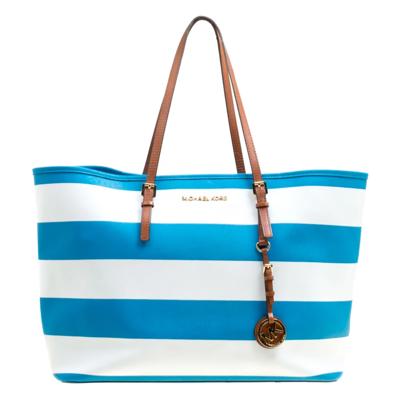 Michael Kors Summer Blue/White Striped Leather Jet Set Travel Tote For Women