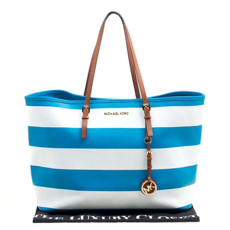 Michael Kors Summer Blue/White Striped Leather Jet Set Travel Tote For Women - Image 9