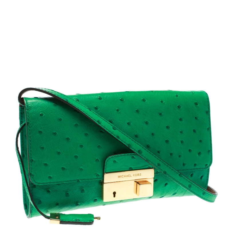 Michael Kors Green Ostrich Embossed Leather Gia Clutch For Women - Image 3