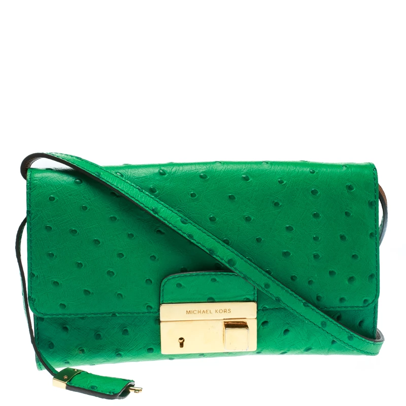 Michael Kors Green Ostrich Embossed Leather Gia Clutch For Women