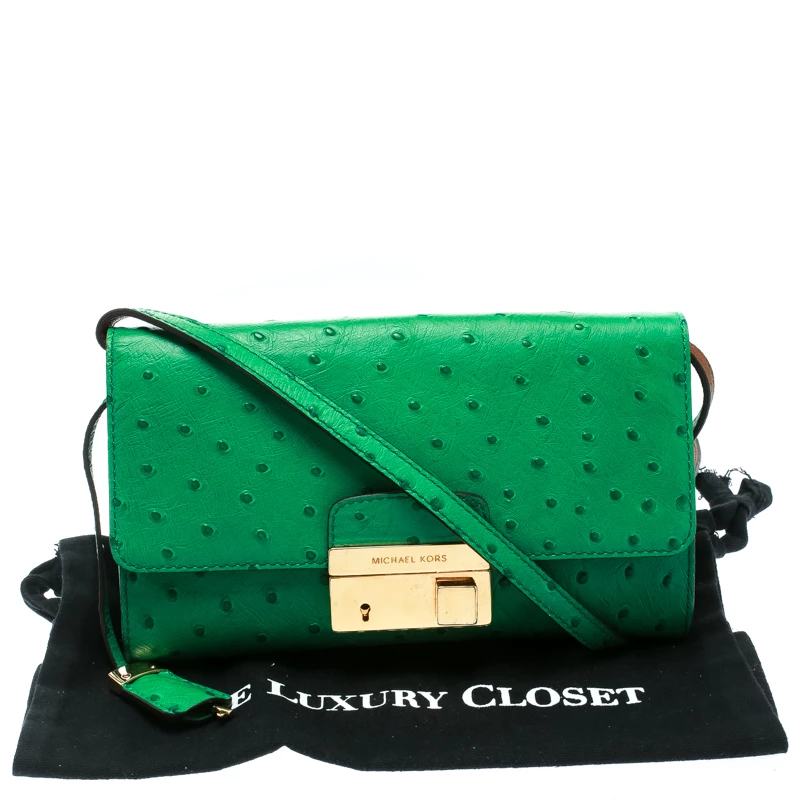 Michael Kors Green Ostrich Embossed Leather Gia Clutch For Women - Image 9