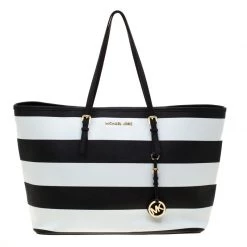 Michael Kors Black/White Stripe Saffiano Leather Jet Set Tote For Women