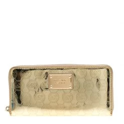 Michael Kors Gold Patent Leather Jet Set Zip Around Wallet For Women