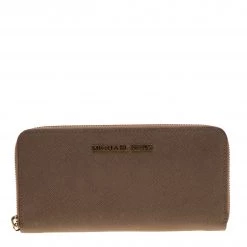 Michael Kors Light Brown Saffiano Leather Zip Around Wallet For Women