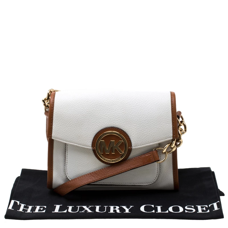Michael Kors White/Brown Leather Fulton Flap Crossbody Bag For Women - Image 10