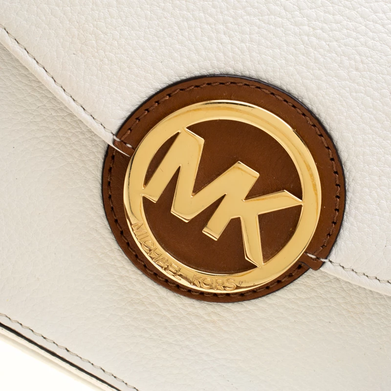 Michael Kors White/Brown Leather Fulton Flap Crossbody Bag For Women - Image 5