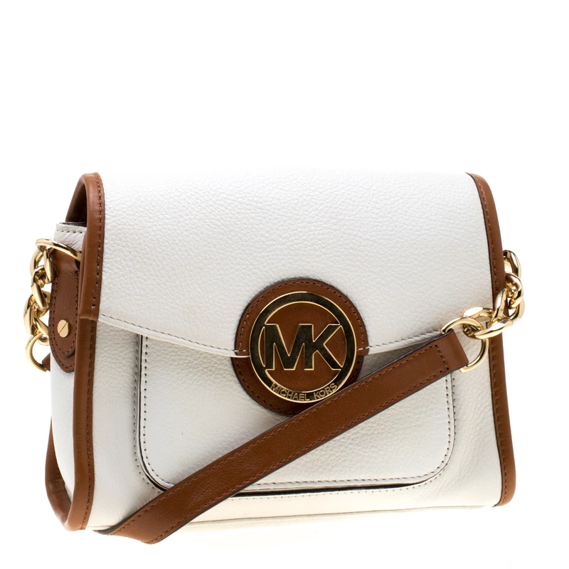 Michael Kors White/Brown Leather Fulton Flap Crossbody Bag For Women - Image 3