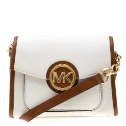 Michael Kors White/Brown Leather Fulton Flap Crossbody Bag For Women