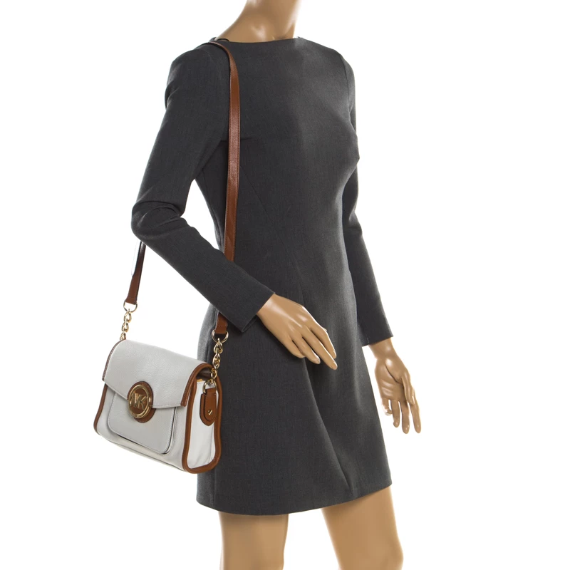 Michael Kors White/Brown Leather Fulton Flap Crossbody Bag For Women - Image 2