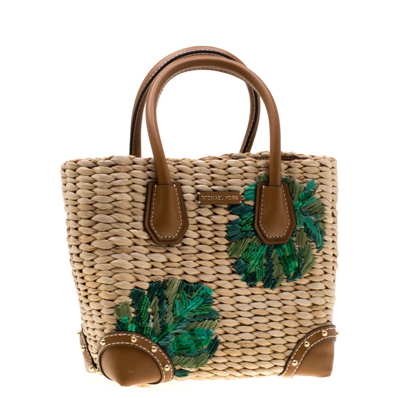 Michael Kors Brown/Green Straw And Leather Malibu Tote For Women - Image 3