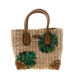 Michael Kors Brown/Green Straw And Leather Malibu Tote For Women