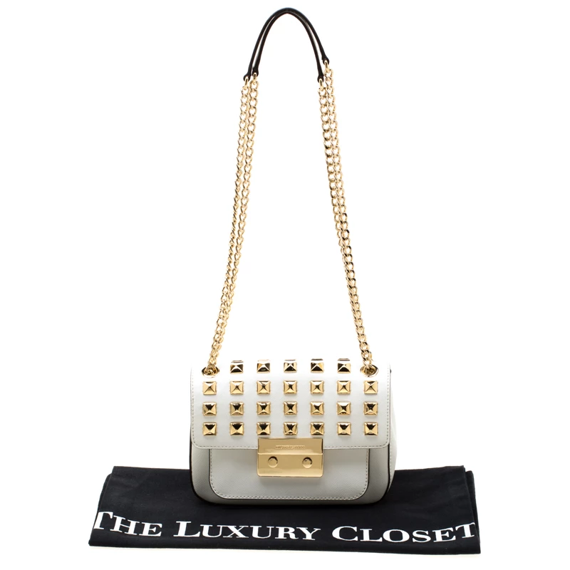 Michael Kors White Studded Leather Small Sloan Shoulder Bag For Women - Image 10