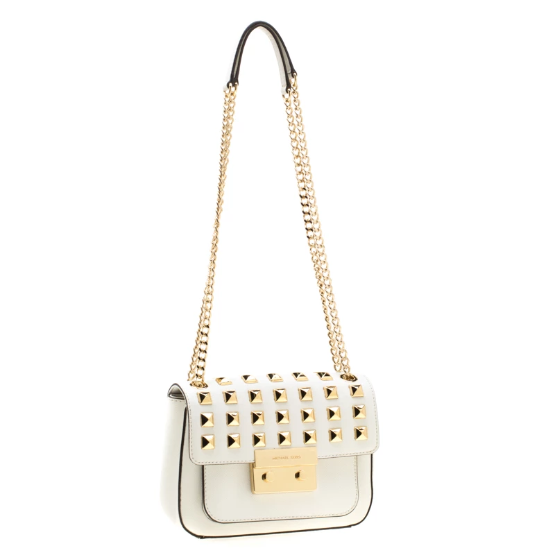 Michael Kors White Studded Leather Small Sloan Shoulder Bag For Women - Image 3