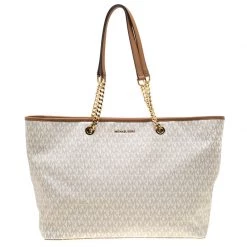 Michael Kors White/Brown Signature Coated Canvas Jet Set Travel Tote For Women