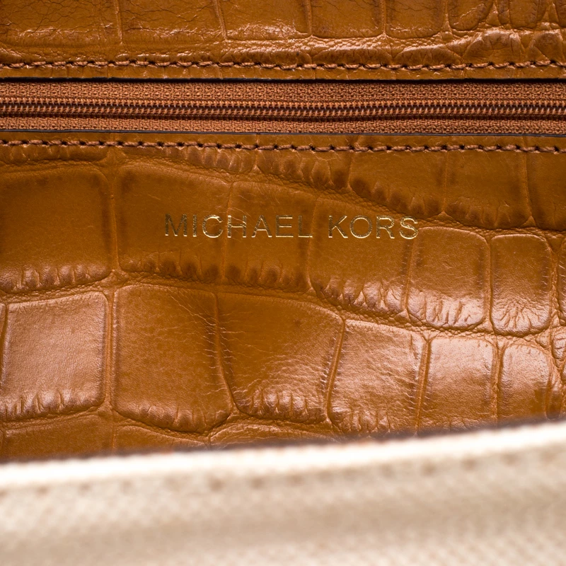 Michael Kors Beige/Brown Canvas And Croc Embossed Leather Fulton Tote For Women - Image 8