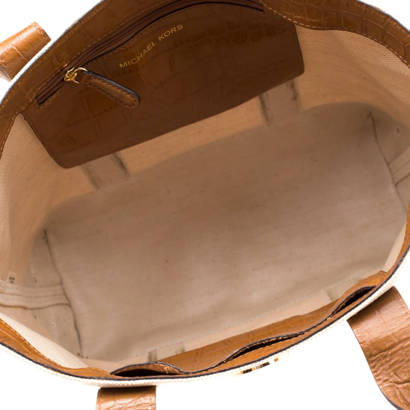 Michael Kors Beige/Brown Canvas And Croc Embossed Leather Fulton Tote For Women - Image 7