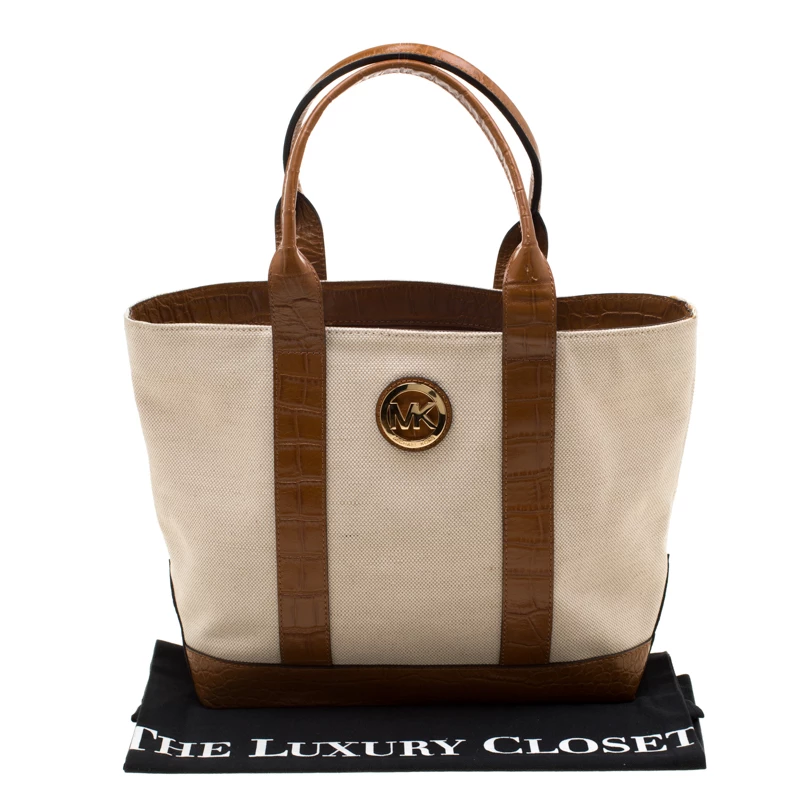 Michael Kors Beige/Brown Canvas And Croc Embossed Leather Fulton Tote For Women - Image 9