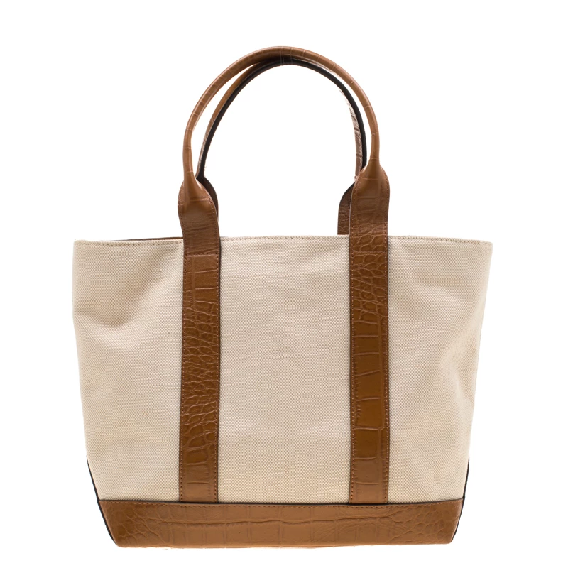 Michael Kors Beige/Brown Canvas And Croc Embossed Leather Fulton Tote For Women - Image 4