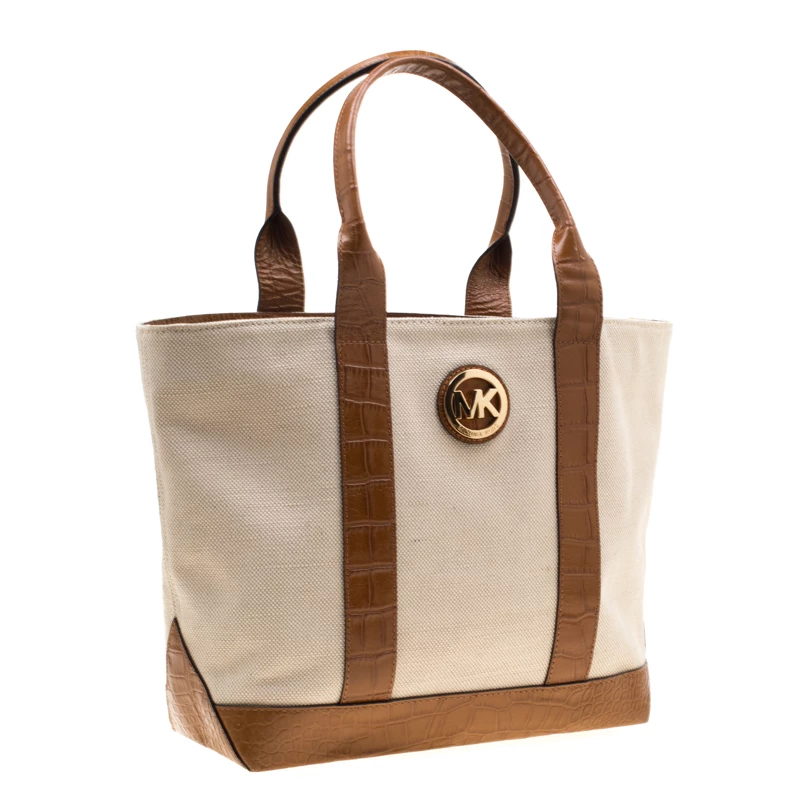 Michael Kors Beige/Brown Canvas And Croc Embossed Leather Fulton Tote For Women - Image 3