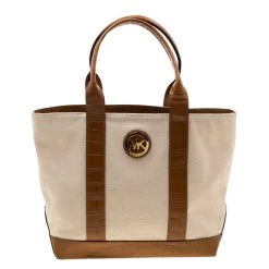 Michael Kors Beige/Brown Canvas And Croc Embossed Leather Fulton Tote For Women