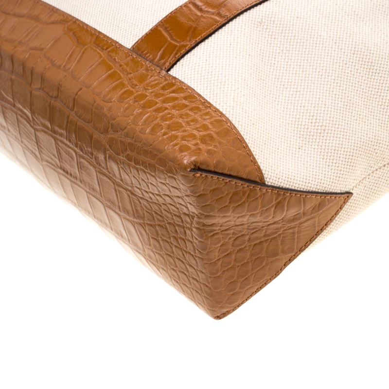 Michael Kors Beige/Brown Canvas And Croc Embossed Leather Fulton Tote For Women - Image 11