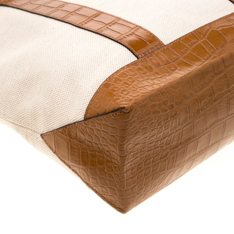 Michael Kors Beige/Brown Canvas And Croc Embossed Leather Fulton Tote For Women - Image 10