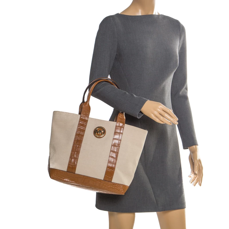 Michael Kors Beige/Brown Canvas And Croc Embossed Leather Fulton Tote For Women - Image 2
