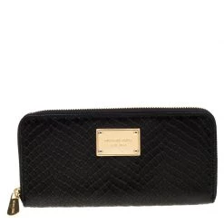 Michael Kors Black Croc Embossed Leather Zip Around Wallet For Women