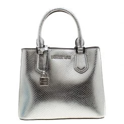 Michael Kors Silver Metallic Snakeskin Embossed Leather Medium Adele Tote For Women