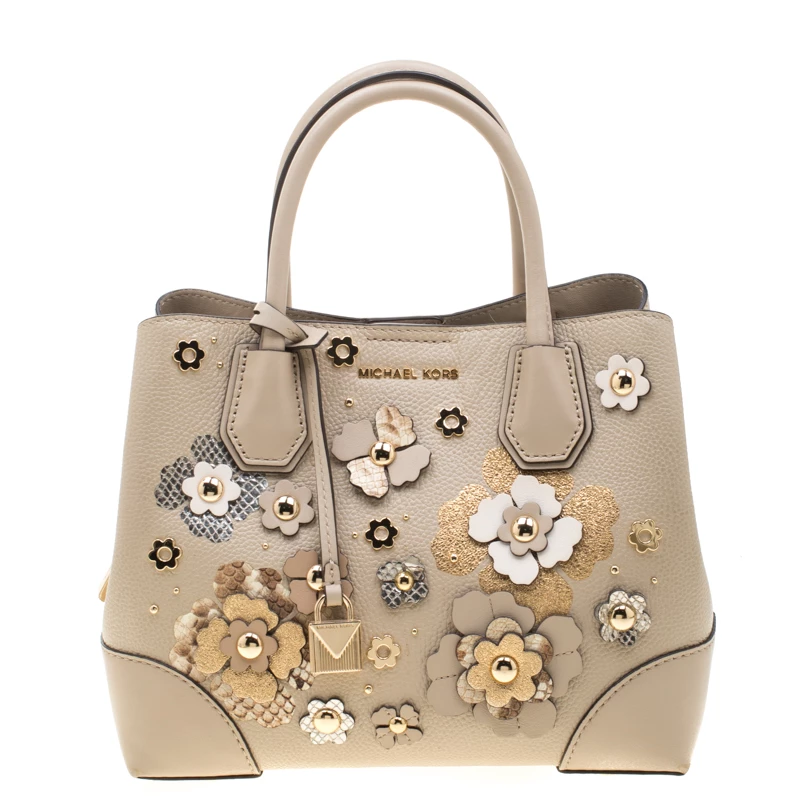 Michael Kors Beige Floral Leather Mercer Satchel For Women