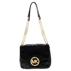 Michael Kors Black Python Embossed Leather Fulton Crossbody Bag For Women