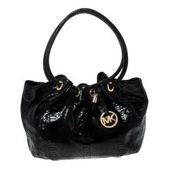 Michael Kors Black Python Embossed Patent Leather Ring Shoulder Bag For Women