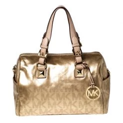 MICHAEL Michael Kors Gold Signature Patent Leather Grayson Satchel For Women