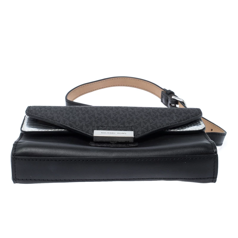 Michael Kors Black/Silver Signature Canvas And Python Embossed Leather Fanny Pack Belt Bag For Women - Image 6