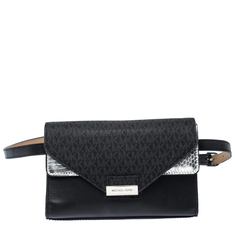 Michael Kors Black/Silver Signature Canvas And Python Embossed Leather Fanny Pack Belt Bag For Women