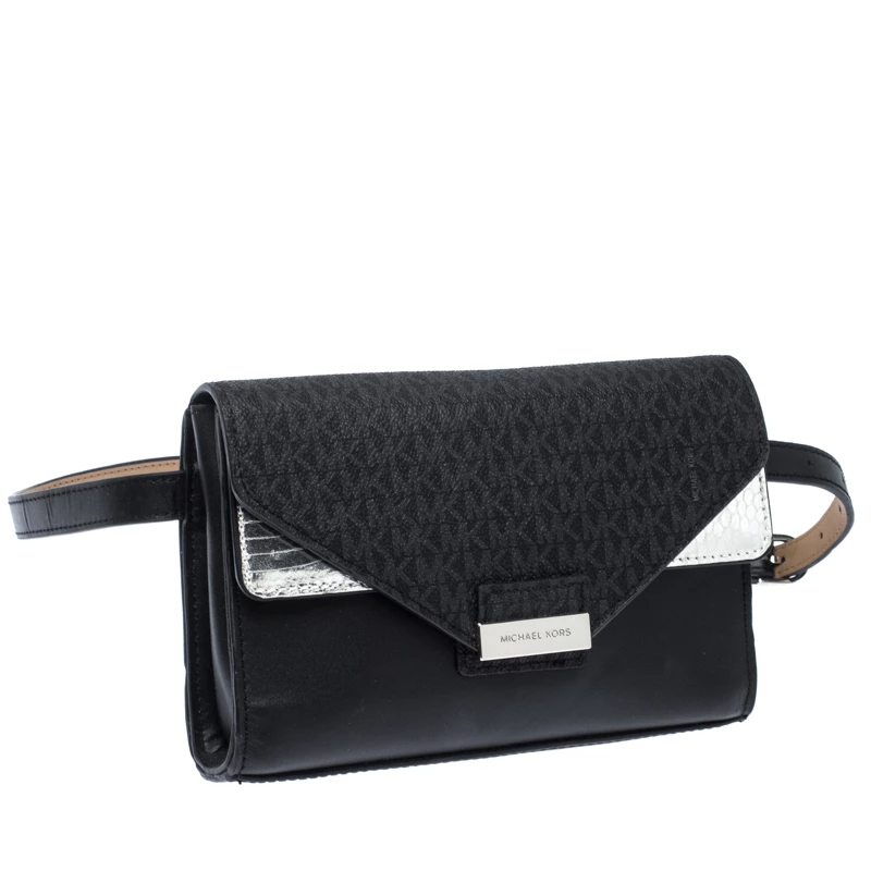 Michael Kors Black/Silver Signature Canvas And Python Embossed Leather Fanny Pack Belt Bag For Women - Image 3