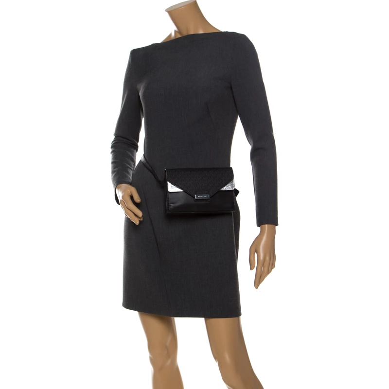 Michael Kors Black/Silver Signature Canvas And Python Embossed Leather Fanny Pack Belt Bag For Women - Image 2