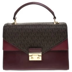 Michael Kors Burgunady/Brown Leather And Coated Canvas Sloan Top Handle Bag For Women