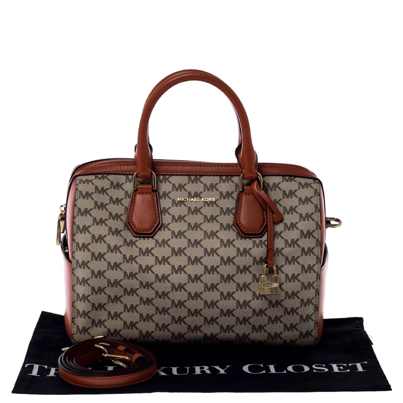 Michael Kors Beige/Orange Signature Coated Canvas And Leather Medium Mercer Duffel Bag For Women - Image 9